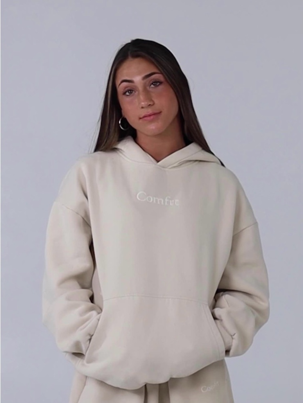 Comfort Embroidered Cream Hoodie - Women's Oversized Pullover